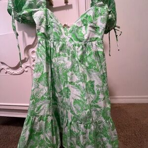 Olivaceous Green Leaf Print Mini Dress